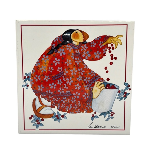 Barbara Lavallee 2001 Woman with Cherries Alaskan Native Art Wall Tile Trivet - Picture 2 of 7